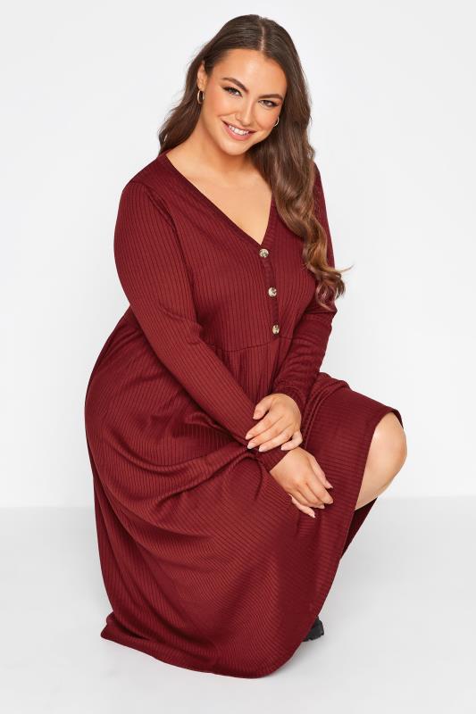 LIMITED COLLECTION Curve Wine Red Ribbed Midaxi Dress 4