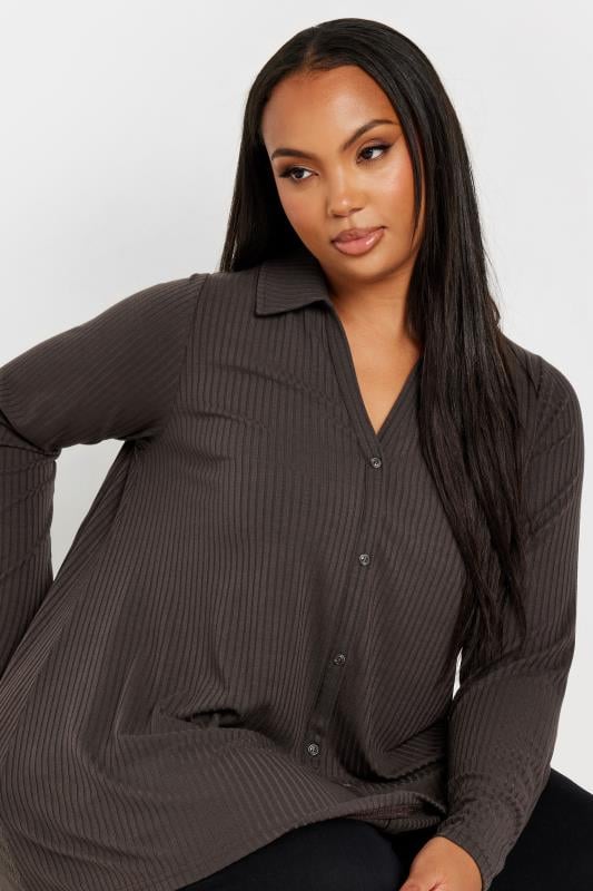 YOURS Plus Size Brown Ribbed Collared Top | Yours Clothing 4