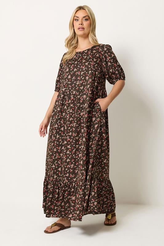 YOURS Plus Size Brown Ditsy Floral Smock Maxi Dress | Yours Clothing 1