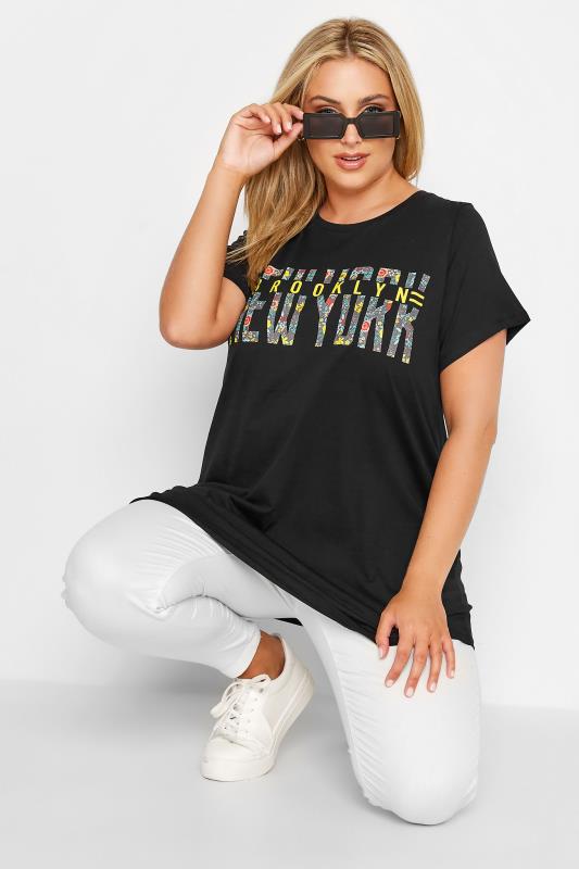 Großen Größen  Curve Black 'New York' Printed Slogan T-Shirt