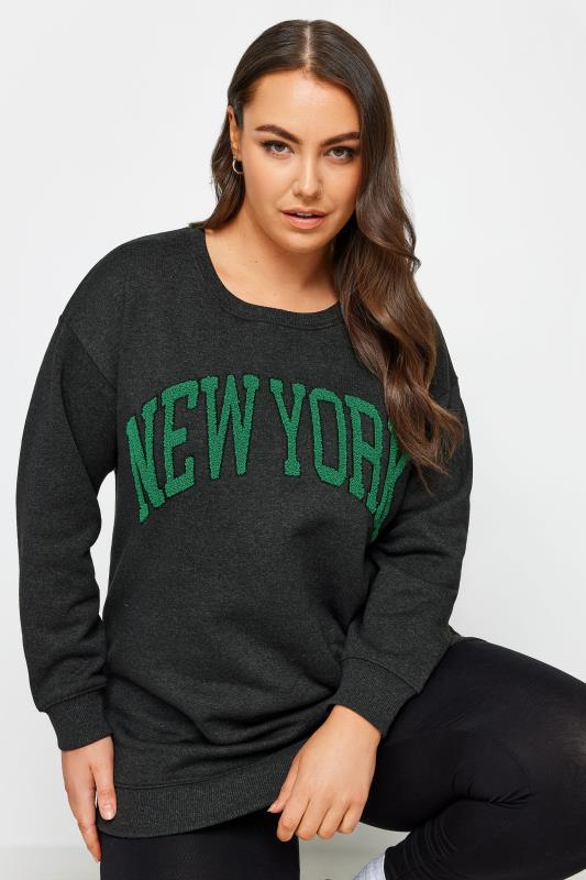 YOURS Plus Size Black 'New York' Embroidered Slogan Sweatshirt | Yours Clothing 4