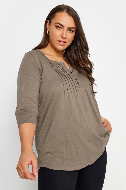  Grande Taille YOURS Curve Brown Pintuck Henley T-Shirt