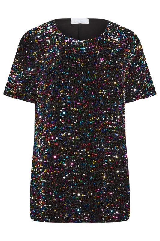 YOURS LONDON Plus Size Black Rainbow Sequin Embellished T-Shirt | Yours Clothing 5