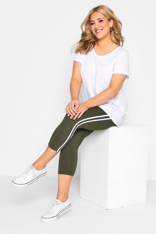 Plus Size Khaki Green Double Side Stripe Cropped Leggings | Yours Clothing 4