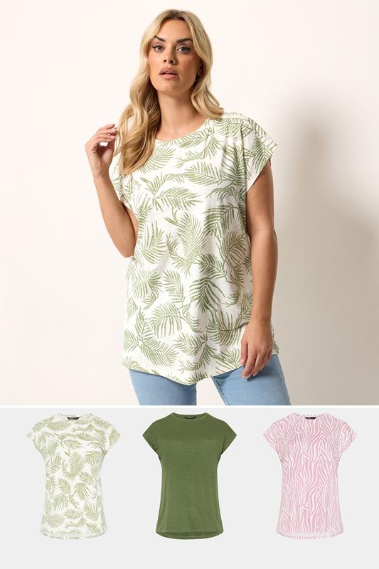 YOURSET 3 PACK Plus Size Green Palm Leaf & Zebra T-Shirts | Yours Clothing 1