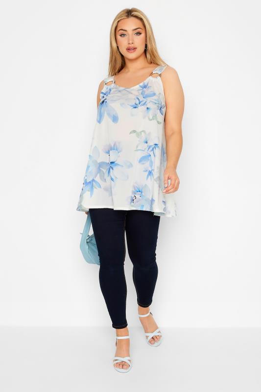 YOURS LONDON Plus Size Blue Floral Ring Detail Vest Top | Yours Clothing 2