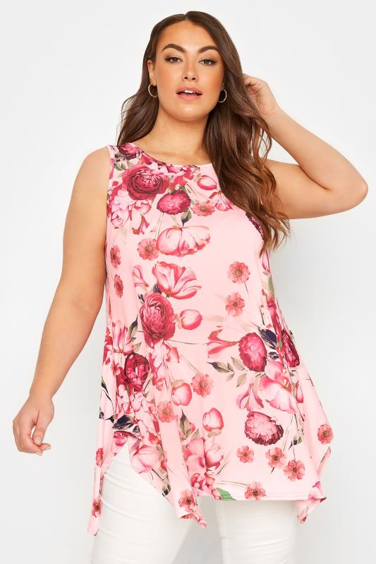 YOURS LONDON Plus Size Pink Floral Hanky Hem Top | Yours Clothing  1