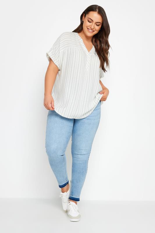 YOURS Plus Size Sage Green Stripe Notch Neck Blouse | Yours Clothing 2
