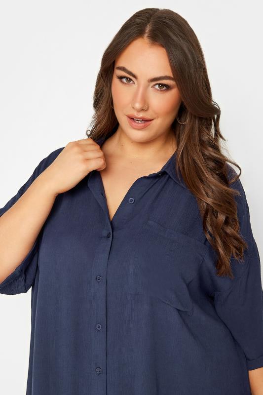 YOURS Curve Navy Blue Short Sleeve Crinkle Shirt | Yours Clothing 4