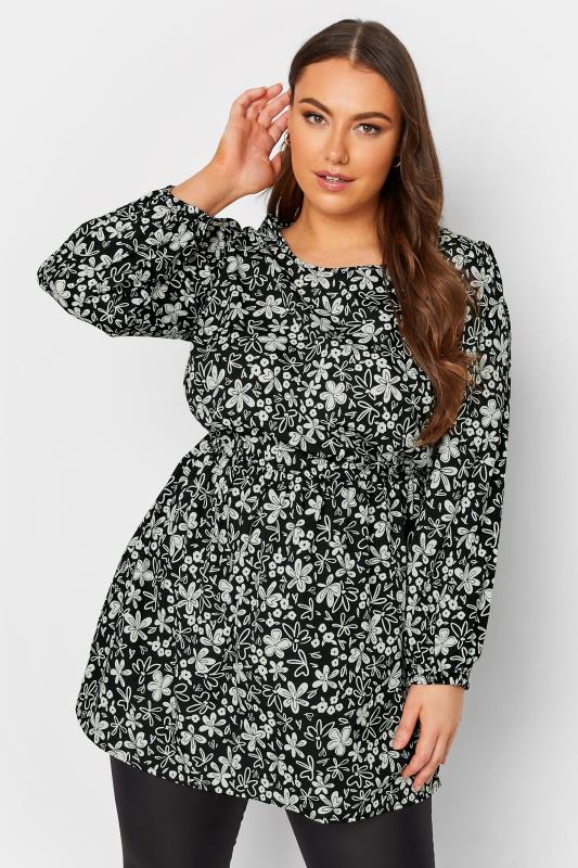 Curve Plus Size White & Black Floral Balloon Long Sleeve Shirred Waist Peplum Top | Yours Clothing  1