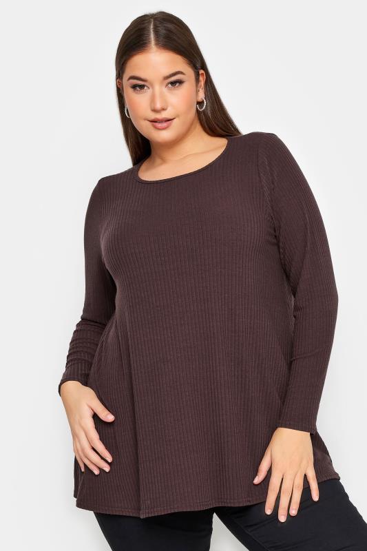 Plus Size  YOURS Curve Chocolate Brown Long Sleeve Ribbed Swing Top