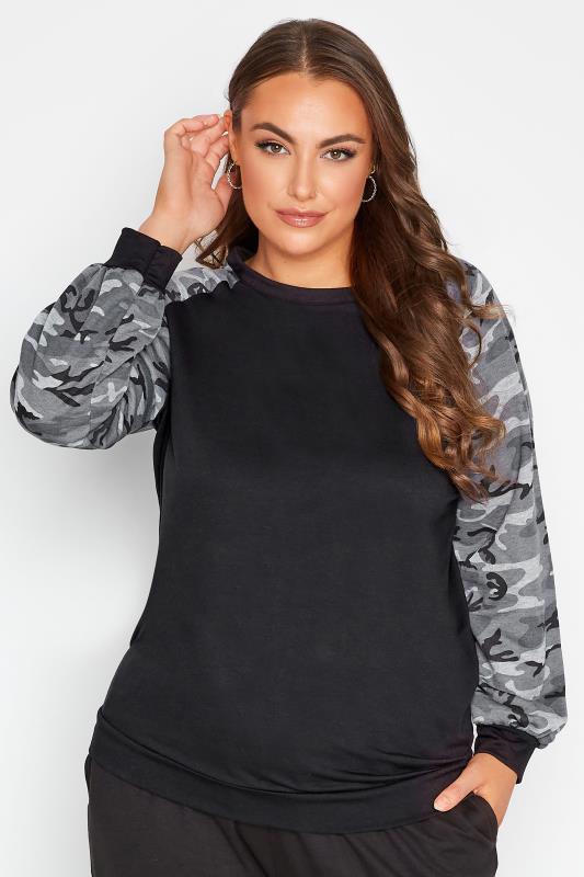 Plus Size LIMITED COLLECTION Black Camo Sleeve Sweatshirt | Yours Clothing 1