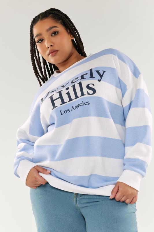 YOURS Plus Size Blue Stripe 'Beverly Hills' Slogan Sweatshirt | Yours Clothing 1