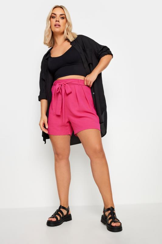 Yours Plus Size Pink Belted Textured Satin Shorts | Yours Clothing 2