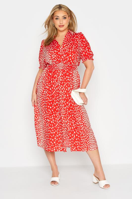 YOURS LONDON Plus Size Red Dalmatian Print Shirred Waist Dress | Yours Clothing 1