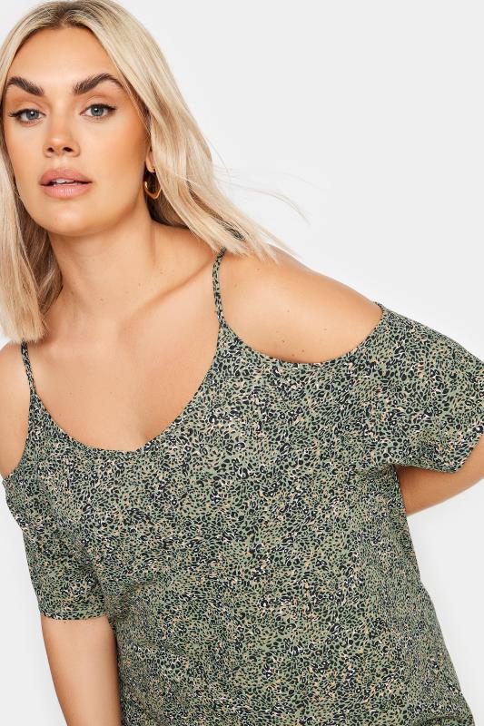 YOURS Plus Size Khaki Green Animal Print Cold Shoulder Top | Yours Clothing 4