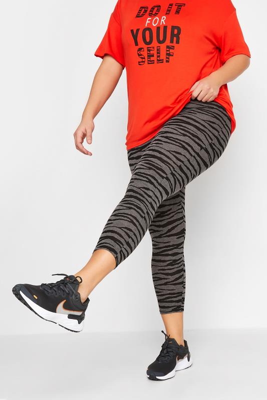 YOURS ACTIVE Plus Size Curve Grey & Black Zebra Print Leggings | Yours Clothing 1