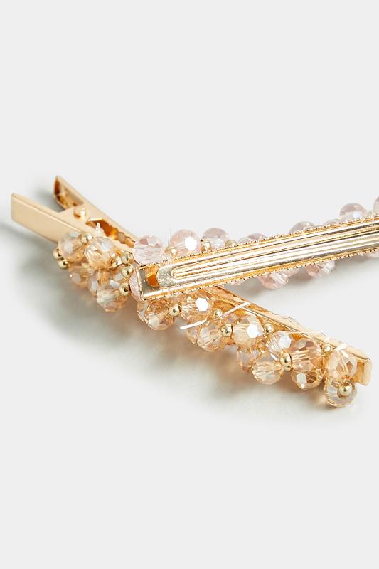 2 PACK Gold & Pink Diamante Bead Hair Clips 2