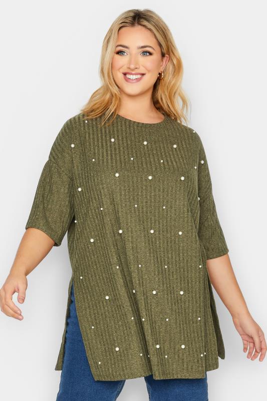 Plus Size Khaki Green Pearl Embellished Split Hem T-Shirt | Yours Clothing 1