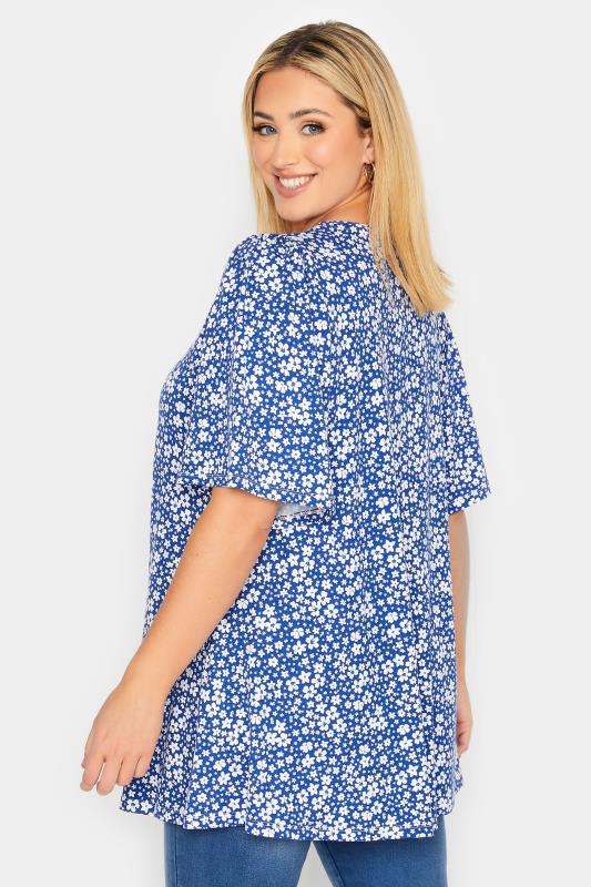 YOURS Plus Size Blue Floral Pleat Angel Sleeve Swing Top | Yours Clothing 3
