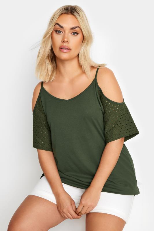 Plus Size  YOURS Curve Khaki Green Broderie Anglaise Cold Shoulder Top