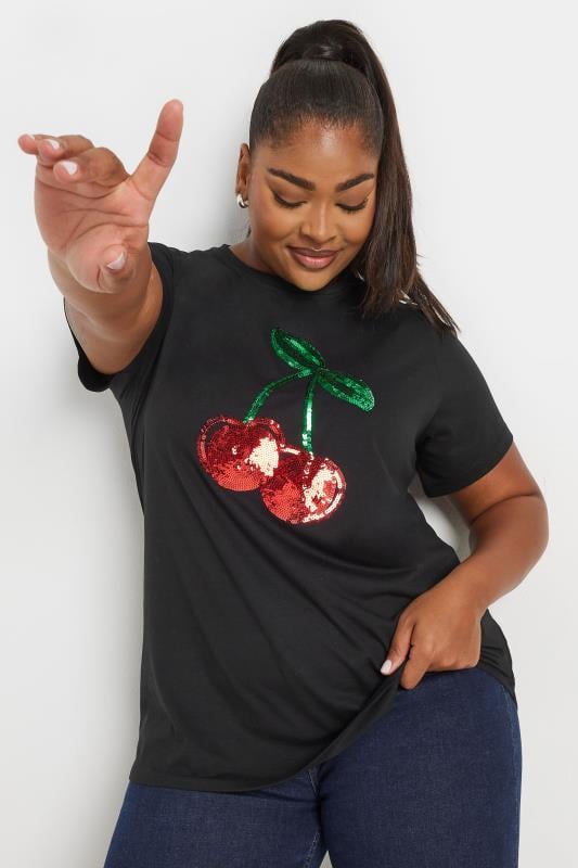  YOURS Curve Black Sequin Cherry T-Shirt