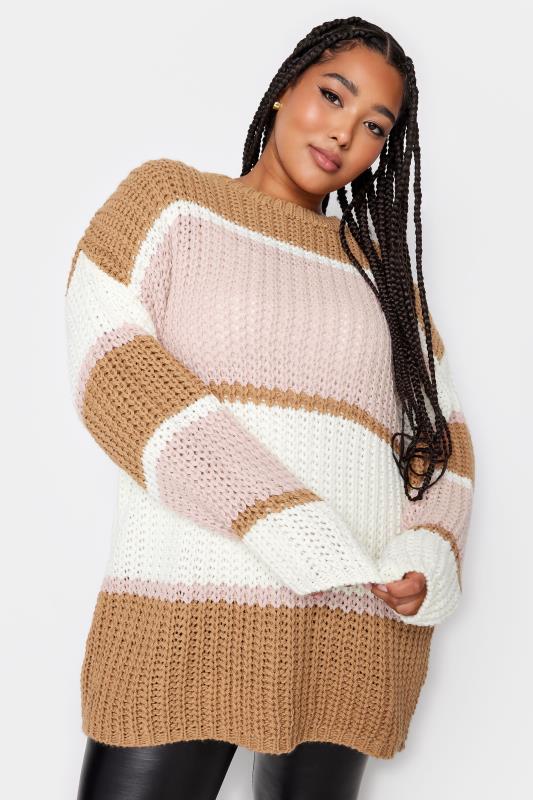 YOURS Plus Size Beige Brown Colour Block Knitted Jumper | Yours Clothing 1