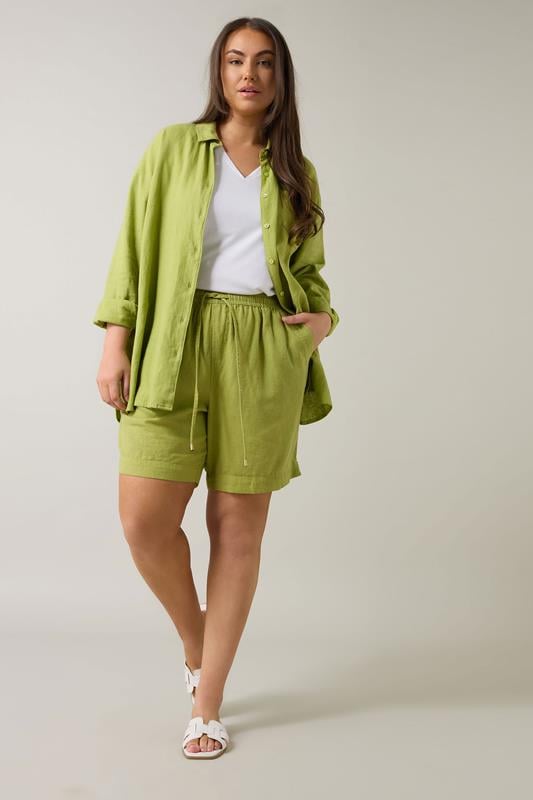 EVANS Plus Size Set Chartreuse Green Linen Shirt & Short | Evans 1