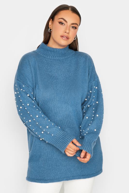 YOURS LUXURY Plus Size Blue Pearl Embellished Batwing Jumper | Yours Clothing 1