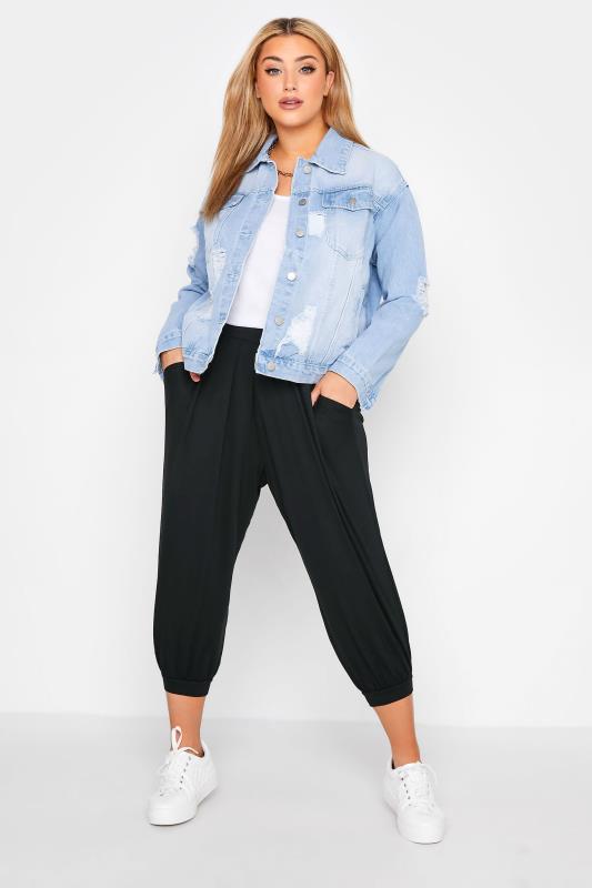 Plus Size Black Cropped Jersey Harem Joggers | Yours Clothing 2