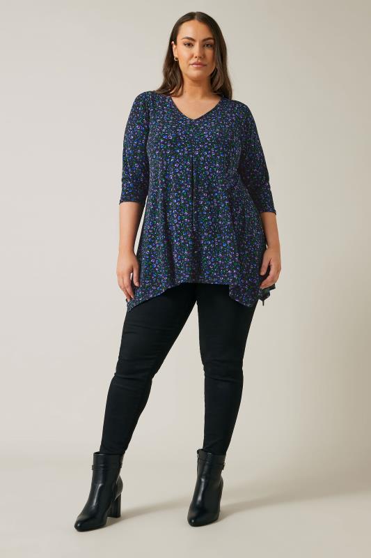 EVANS Plus Size Navy Blue Floral Print Hanky Hem Top | Evans 2