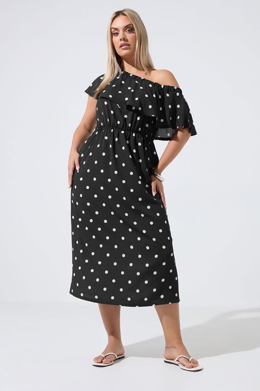 LIMITED COLLECTION Plus Size Black Polka Dot Frill Dress | Yours Clothing 1