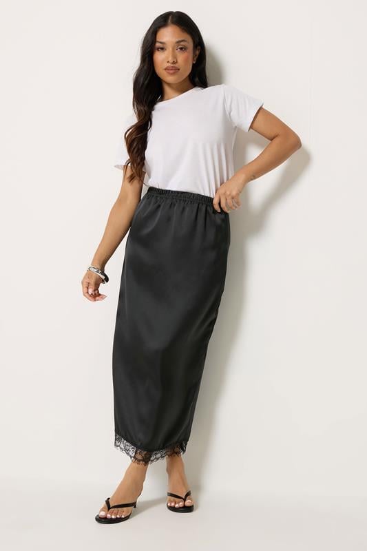  PixieGirl Petite Black Lace Hem Satin Maxi Skirt