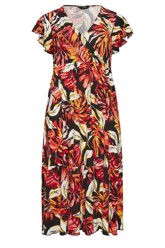 YOURS Plus Size Black & Orange Leaf Print Frill Sleeve Wrap Maxi Dress | Yours Clothing 6