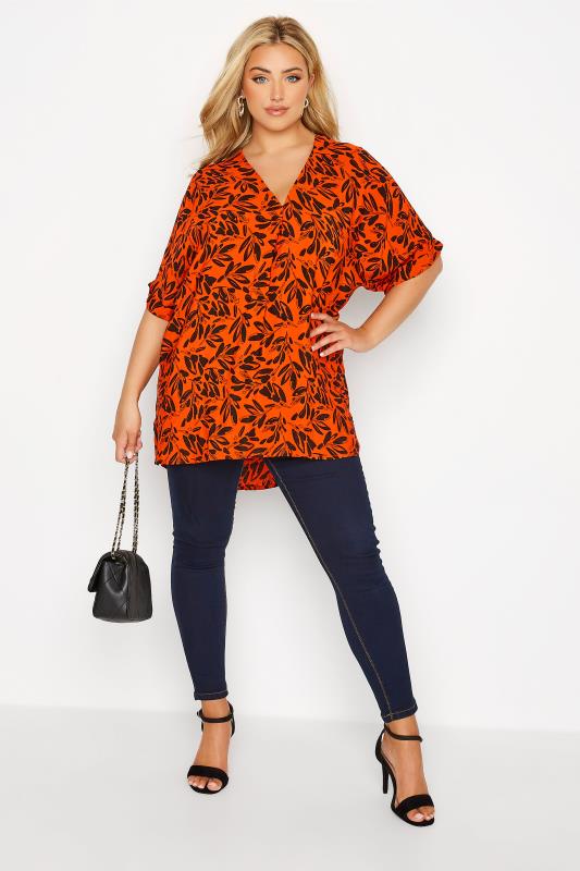 Plus Size Orange Leaf Print Pleat Front V-Neck Top | Yours Clothing 6