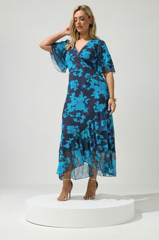 YOURS LONDON Plus Size Navy Blue Floral Mesh Ruffle Hem Dress | Yours Clothing 1