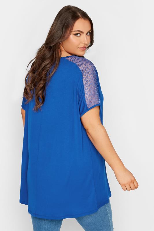 YOURS Plus Size Blue Lace Sleeve Zip T-Shirt | Yours Clothing 3