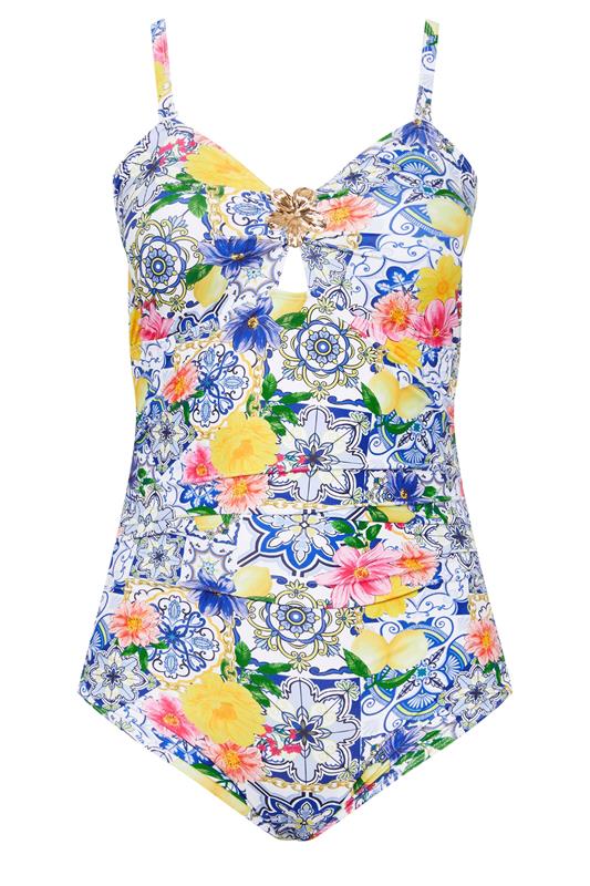 YOURS Plus Size Blue Mediterranean Tile Bandeau Swimsuit | Yours Clothing 6