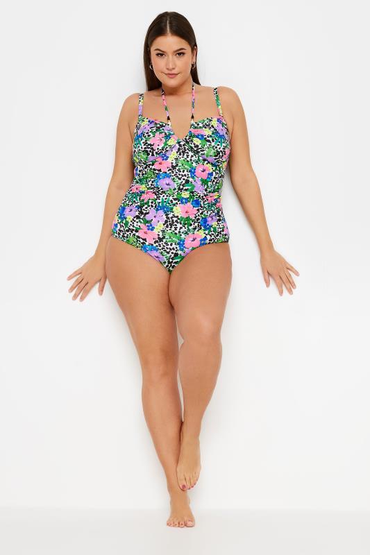 YOURS Plus Size White Floral Dalmatian Print Halter Neck Swimsuit | Yours Clothing 5