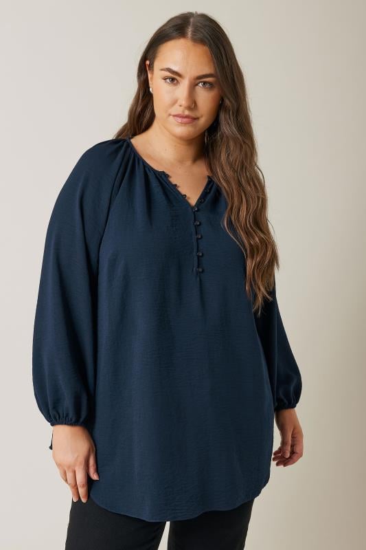 EVANS Plus Size Navy Blue Button Front Long Sleeve Blouse | Evans 1