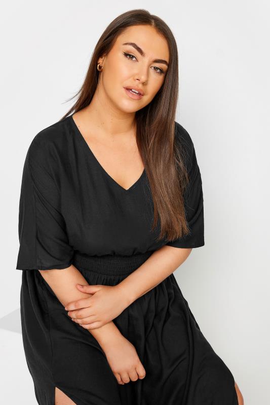 LIMITED COLLECTION Plus Size Black Linen Shirred Midaxi Dress | Yours Clothing 4