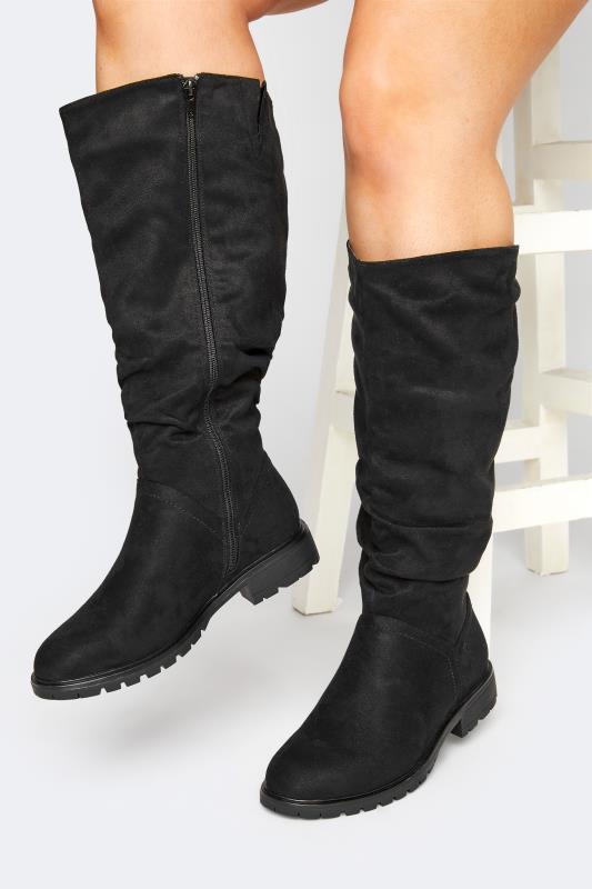 Black Ruched Cleated Boots In Extra Wide Fit 2