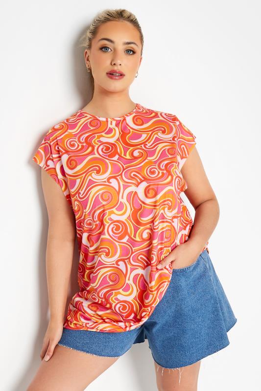 LIMITED COLLECTION Curve Pink Retro Swirl Print Grown on Sleeve T-Shirt 1