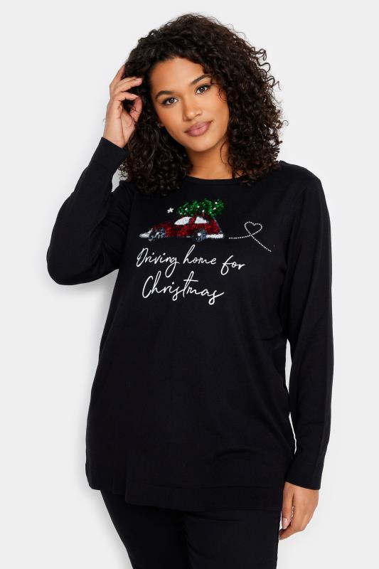 Plus Size  Evans Black 'Driving home for Christmas' Slogan T-Shirt