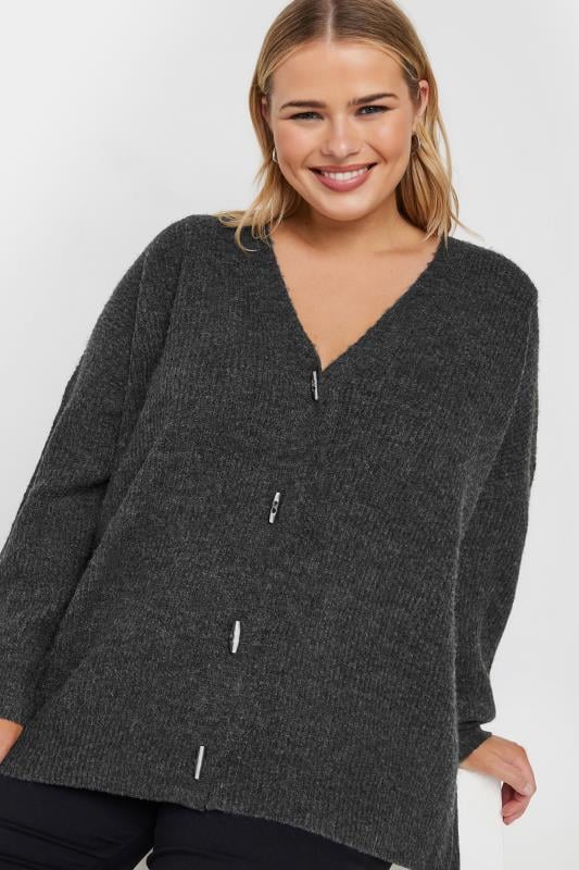 YOURS Plus Size Charcoal Grey Button Through Cardigan | Yours Clothing 5