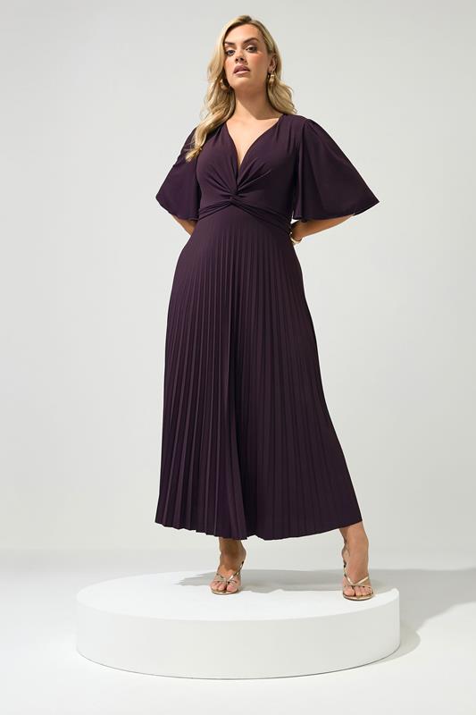 YOURS LONDON Plus Sized Dark Purple Knot Pleated Maxi Dress | Yours Clothing  2