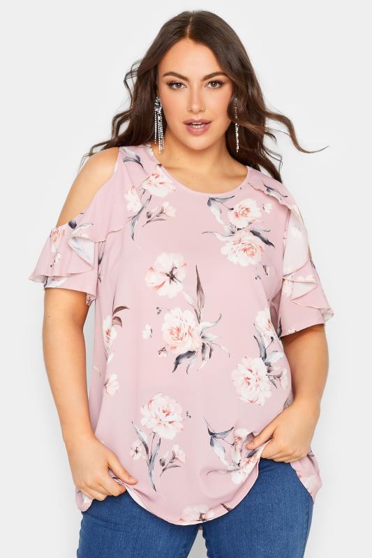 YOURS LONDON Plus Size Pink Floral Frill Cold Shoulder Top | Yours Clothing 4