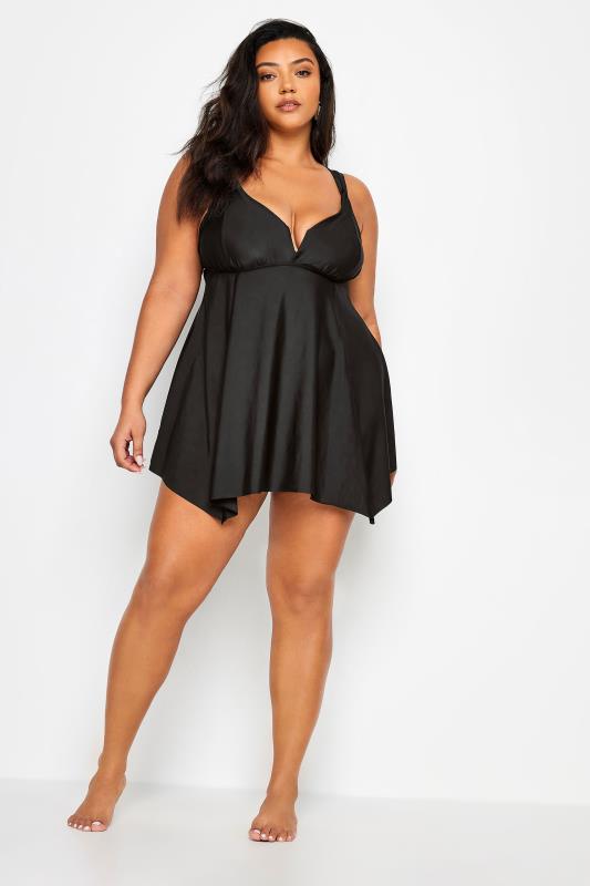 YOURS Plus Size Black Knotted Strap Hanky Hem Swim Dress | Yours Clothing 2