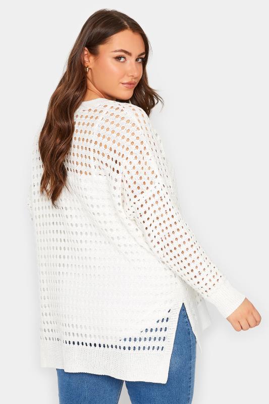 YOURS Plus Size White Side Split Crochet Jumper | Yours Clothing 3