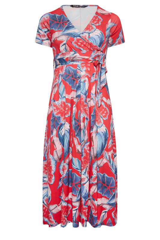 YOURS Curve Plus Size Red Leaf Print Maxi Wrap Dress | Yours Clothing